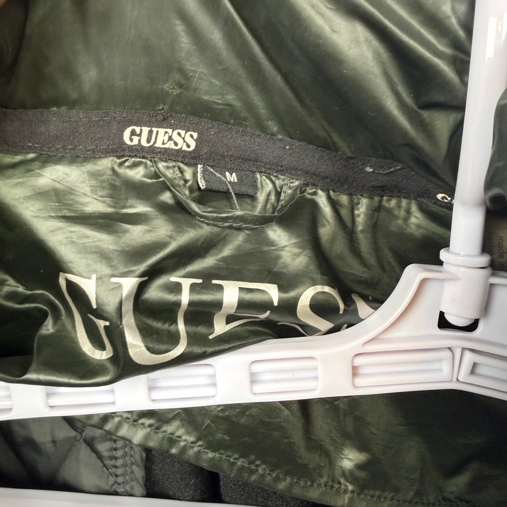 Guess Womens Medium Quilted Puffer Jacket Dark Green Full Zip Hideaway Hood - Picture 7 of 11